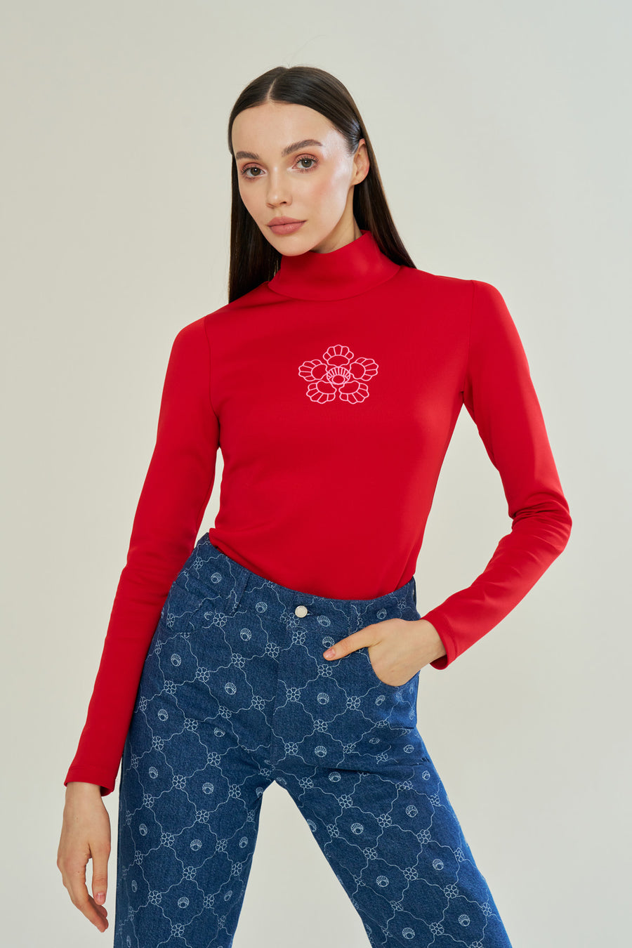 Red Blooming Crest Turtleneck